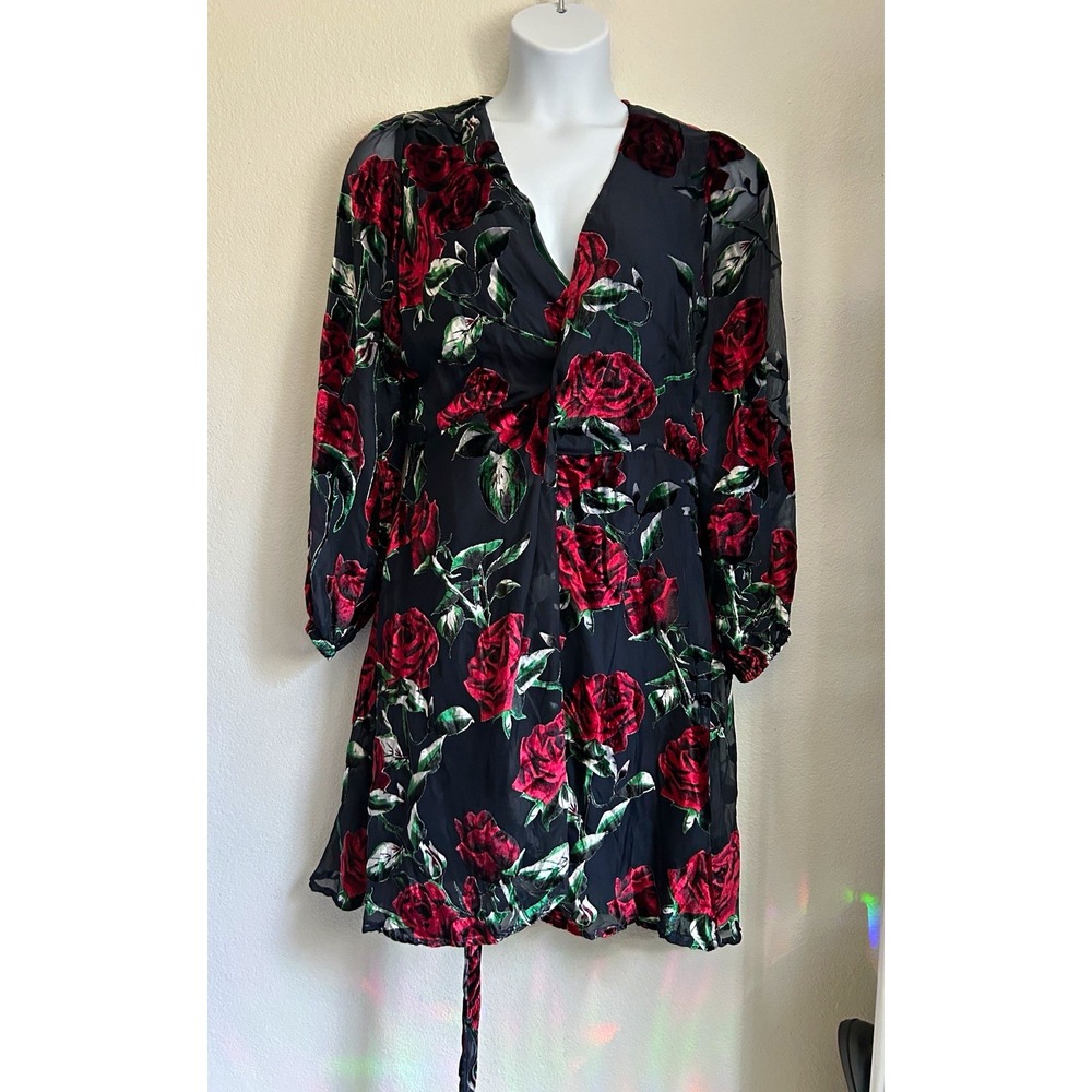 NWT Boston Proper Floral Chiffon Wrap Dress V-Neck Long Sleeve Lined Ruffle M